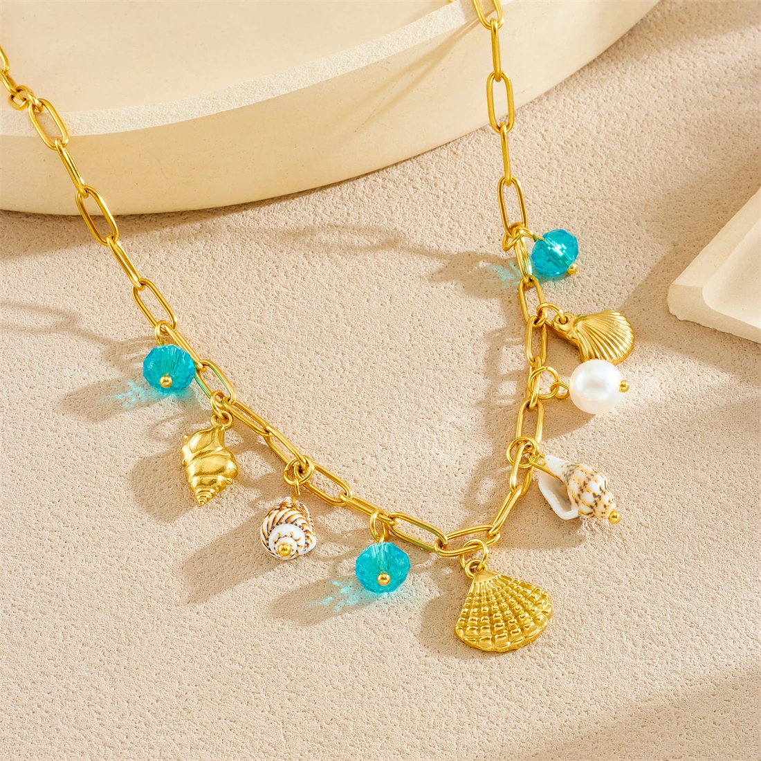 DIEYURO 316L الفولاذ المقاوم للصدأ الأزرق كريستال شل محارة اللؤلؤ قلادة قلادة المرأة موضة جديدة المحيط نمط سلسلة عنق مجوهرات