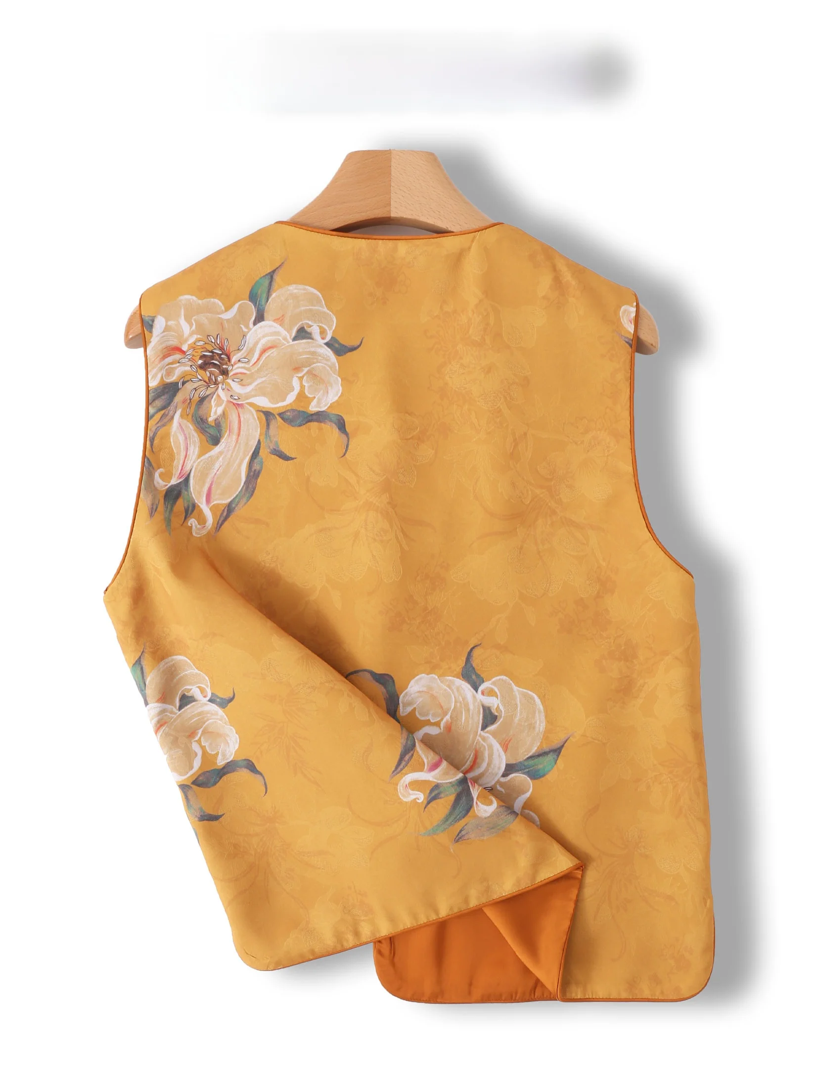 New Chinese Style Yellow Embroidered Silk Women's Vest Jacket Floral Print round Neck Single Button Closure Regular Thickness