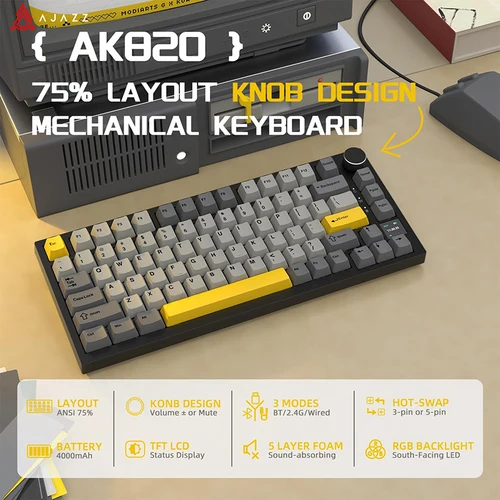 AJAZZ AK820 / AK820PRO TKL Teclado mecánico para juegos 75% 82 teclas Junta Teclado inalámbrico Bluetooth con cable de intercambio en caliente para Mac/Win