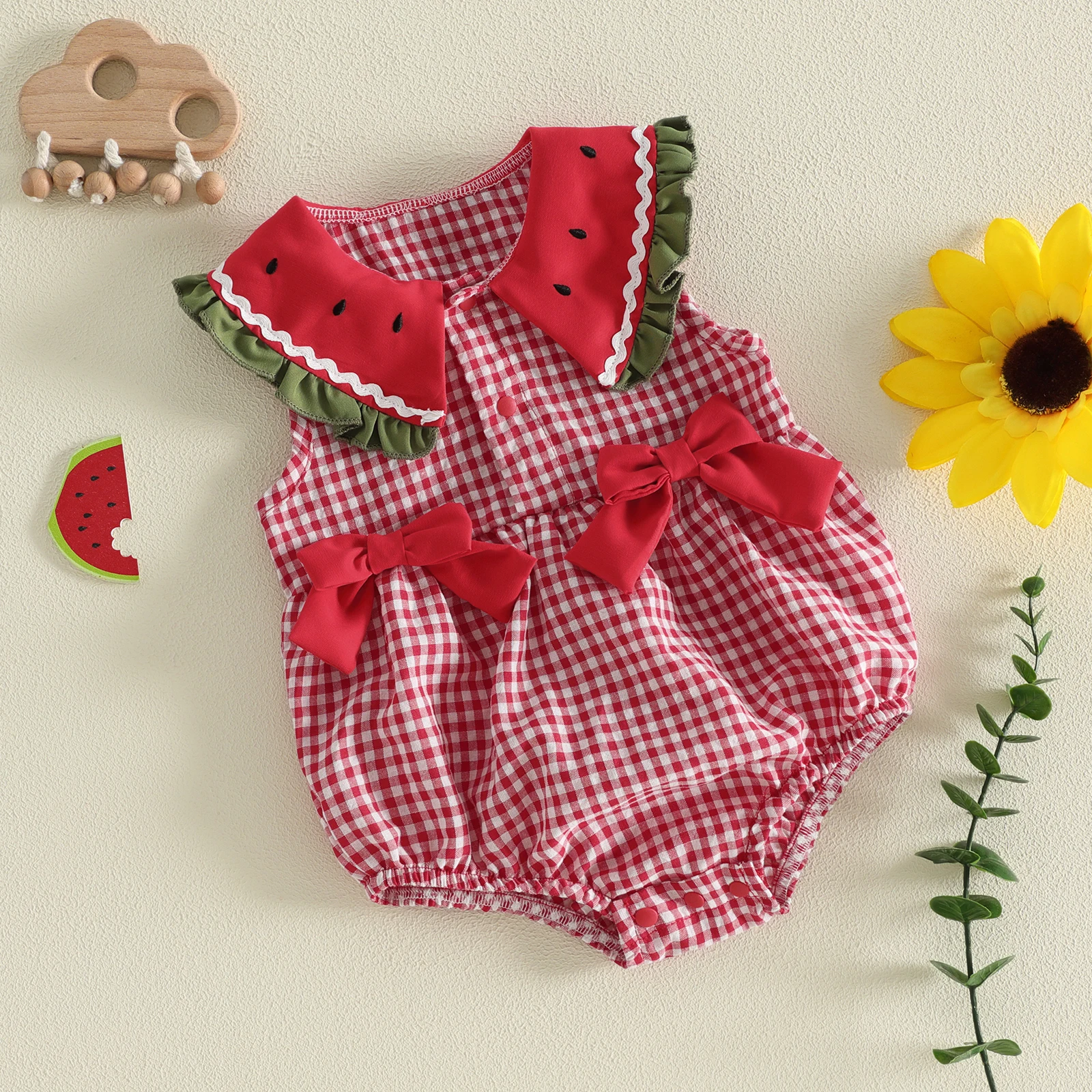Newborn Baby Girl Strawberry Fly Sleeve Crochet Bubble Romper Summer Linen Outfit 0 3 6 9 12 Month
