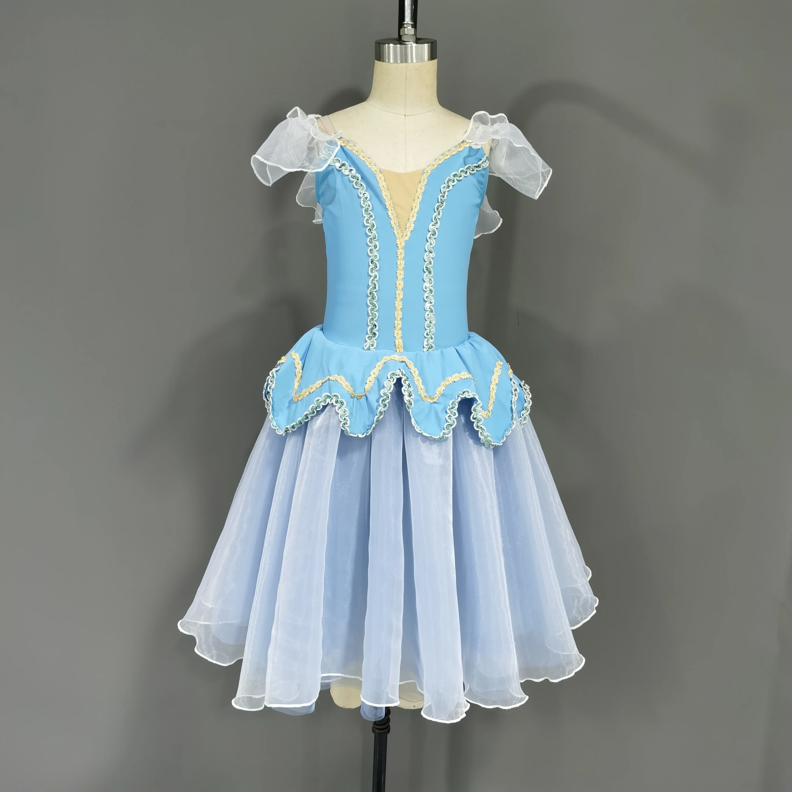 

22109 Blue Spandex Bodice Romantic Ballet Costumes Tutu Girl & Women Ballet Costume Long Tutu has 5 layers of soft tulles