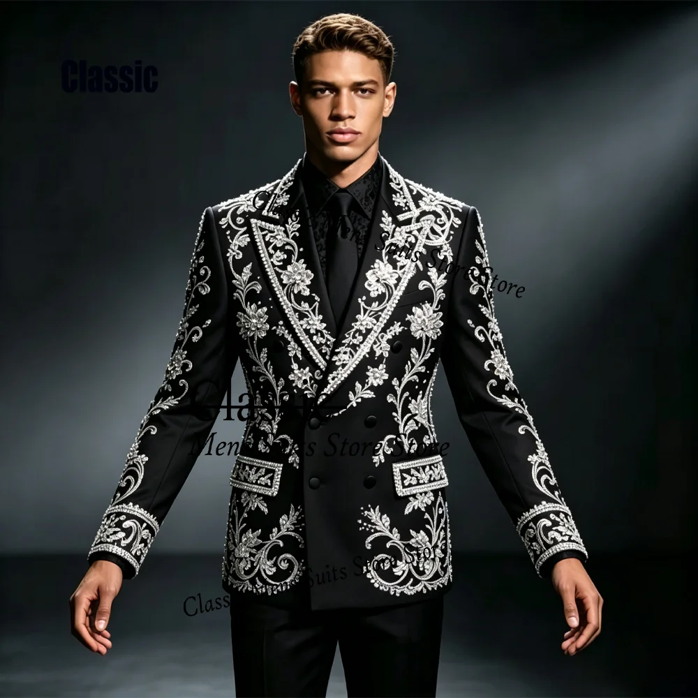 Customized Elegant Applique Men suit Luxury Corset Gem For Wedding Groom Male Prom Party Simple Blazer 2 Pieces Set Tuxedos Slim