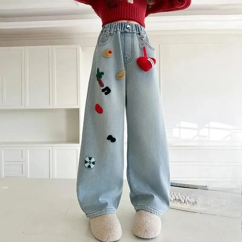 Autumn/Winter 2025 New Style Fleece-Lined Jeans for Girl Children - Warm Integrated Fleece Pants for Tween Girls Winter Outfits