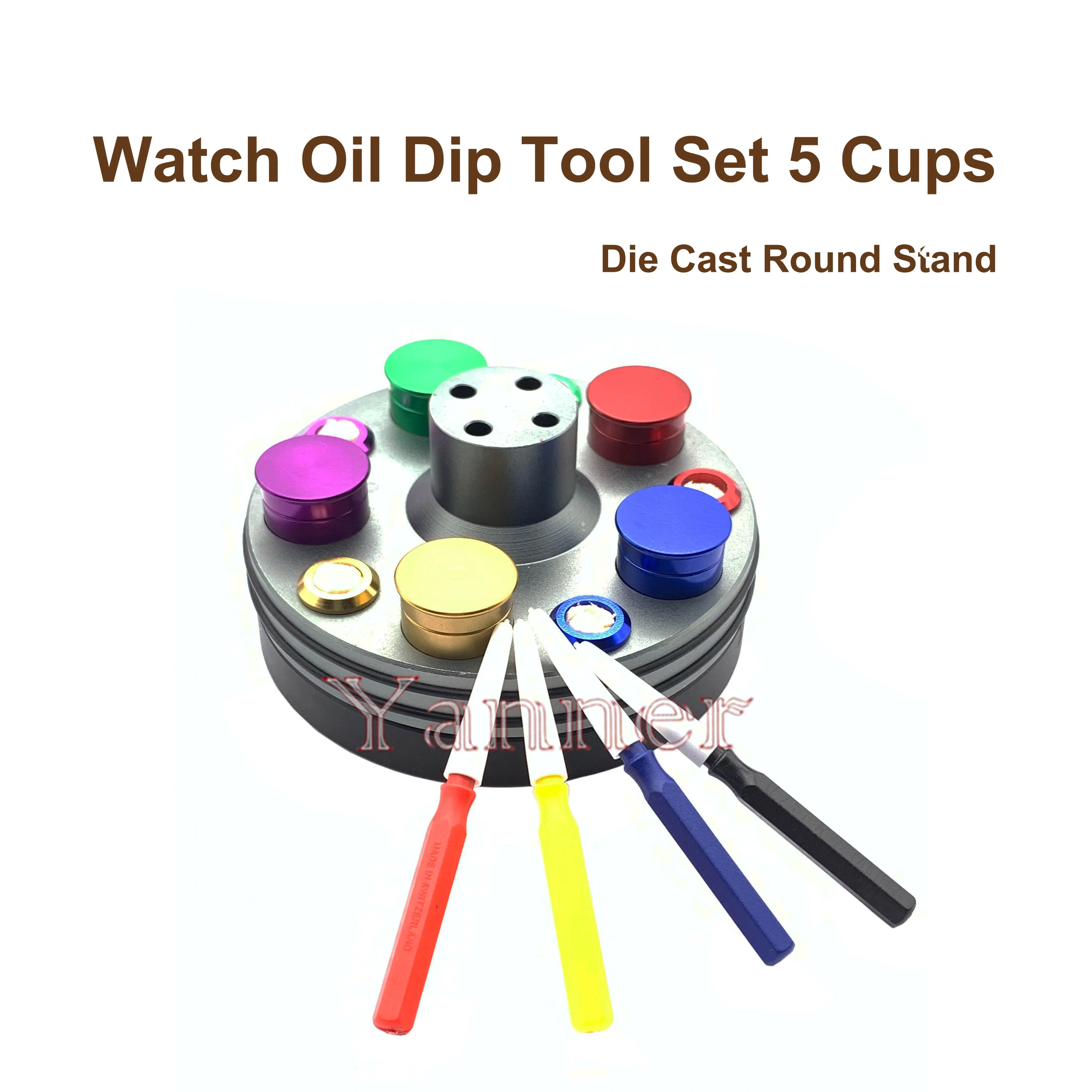 Professional Watch Oil Dip Tool Set Rotatable Die Cast Stand Base 5 Oil Cups For Watch Repairing