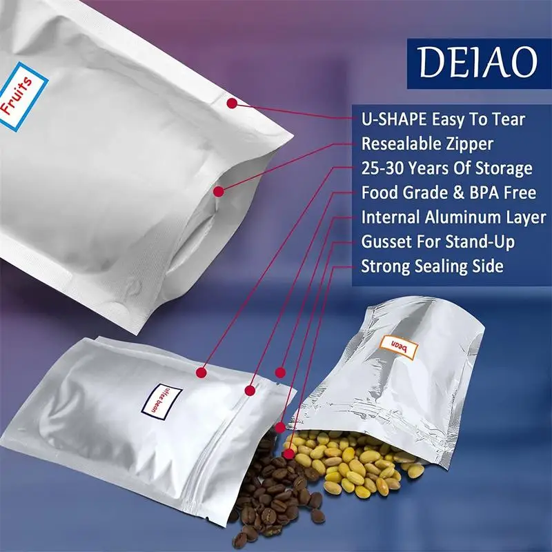 Mylar Bags With Oxygen Absorbers Mylar Bags For Food Storage With 100x400CC Oxygen Absorbers 3 Layers Thicken Resealable Bags