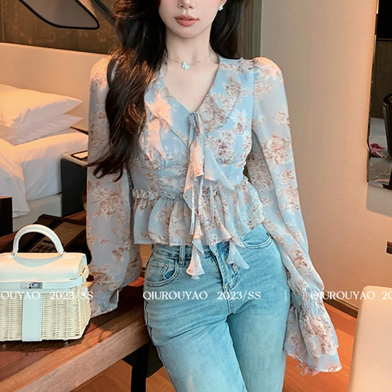 Spring Summer Printing Fashion Long Sleeve Blouse Women Edible Tree Fungus Pleated Pullovers Ruffles Patchwork All-match Tops