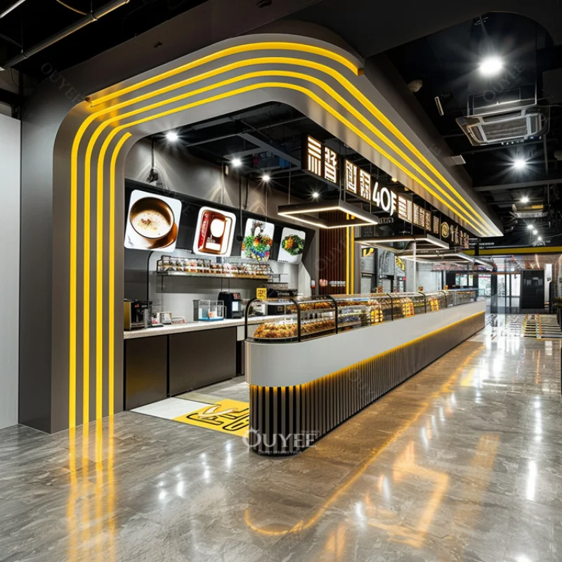 Customized-high end display coffee shop business coffee shop design yellow LED light bubble tea counter coffee bar kiosk