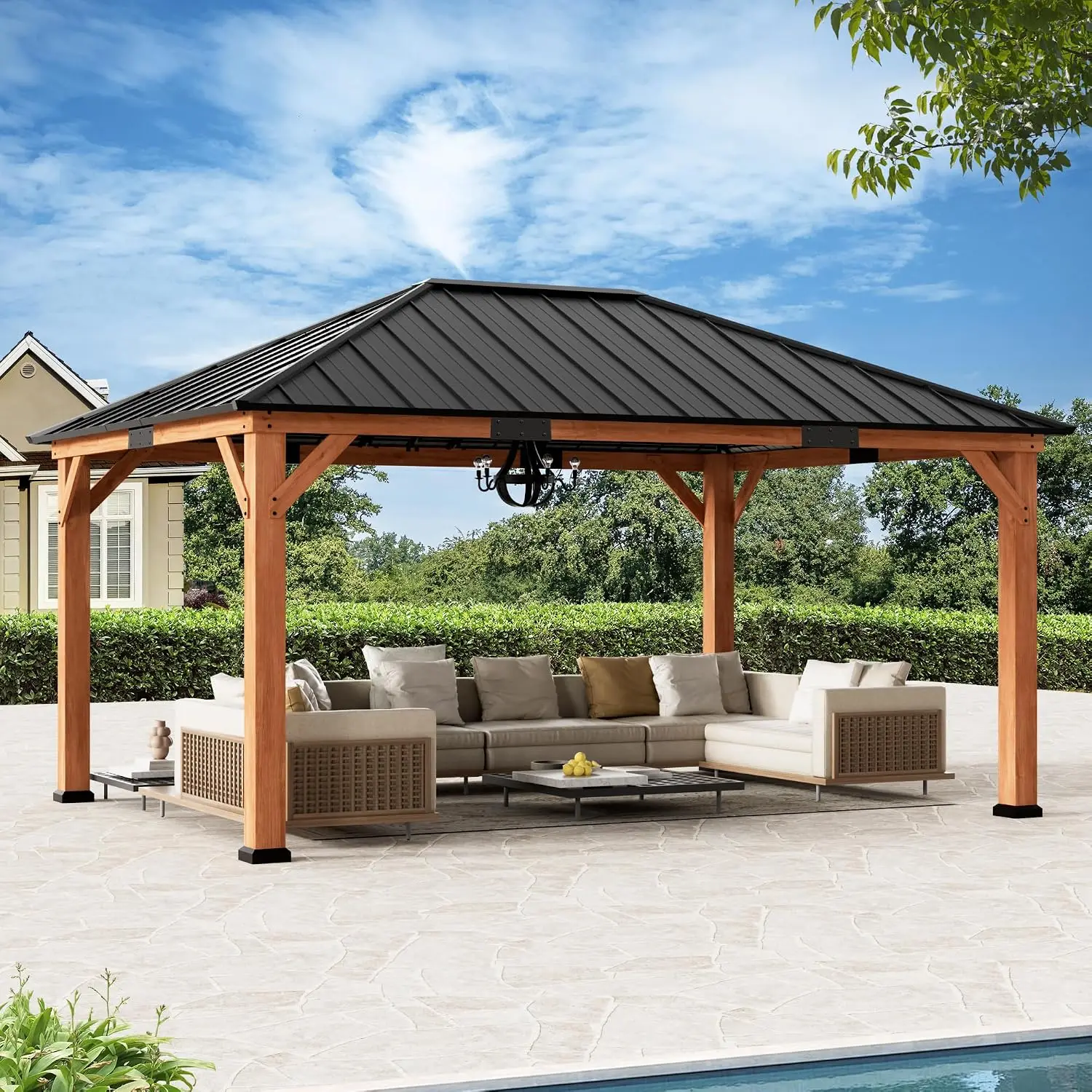 Modern Wood Gazebo 12x16 with Galvanized Steel Roof & Permanent Shade, Customized