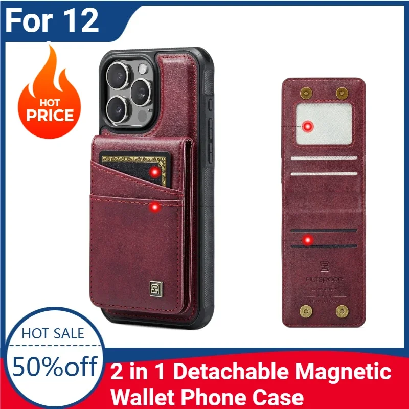 

2 in 1 Detachable Magnetic Wallet Phone Case for IPhone 13 14 Plus 13 12 Pro Max Leather with Card Holder Wrist Strap Cover