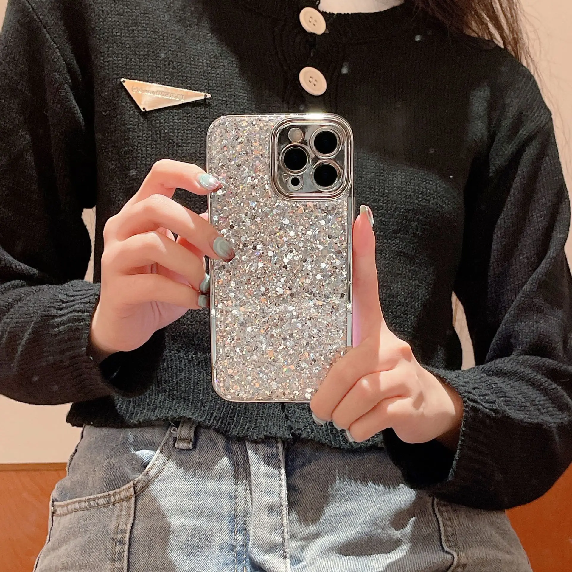 

Electroplated cement pattern Phone Case For iPhone 16 15 14 13 12 11 Pro Max X XS XR XSmax Glitter powder Shockproof Cover