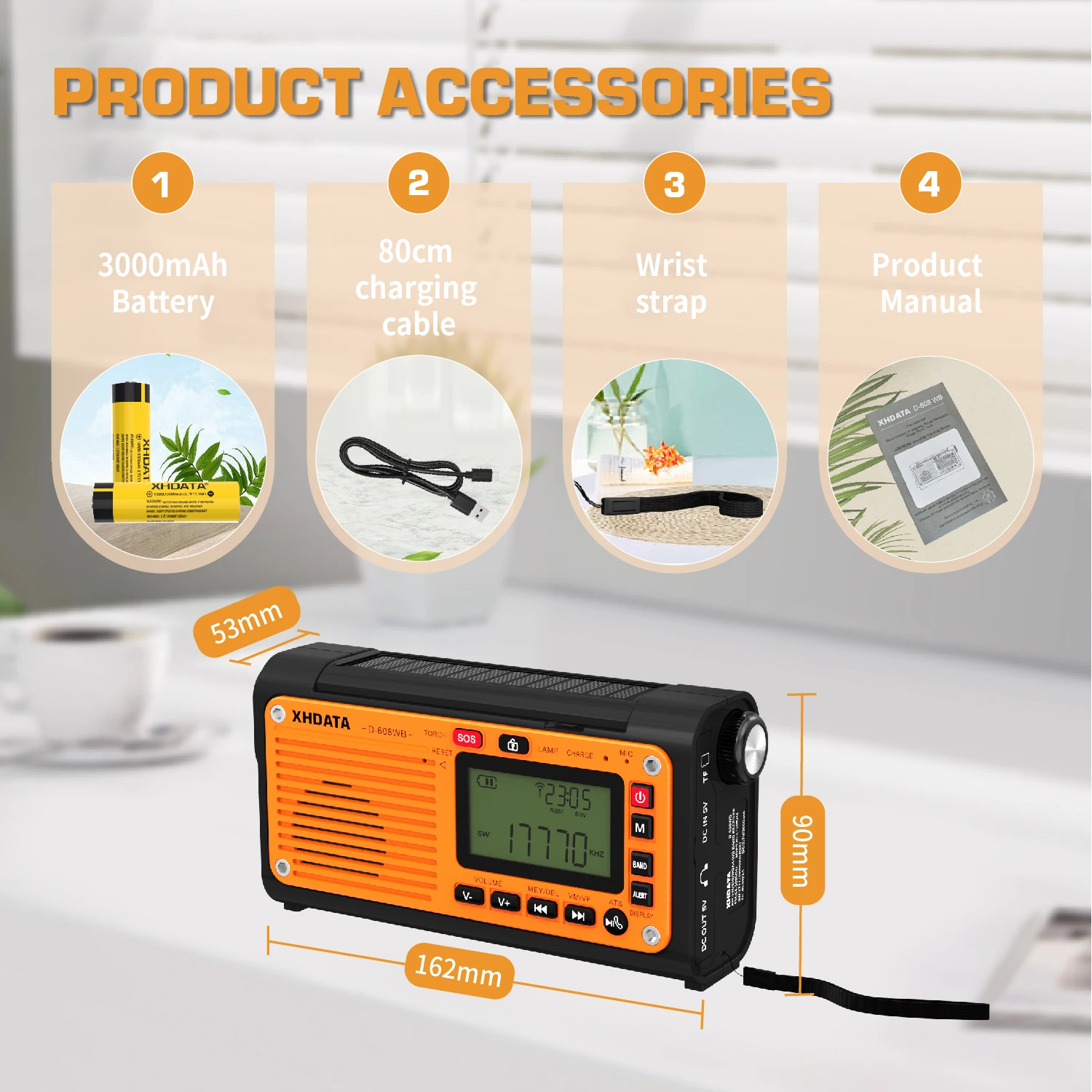 XHDATA D-608WB Notfall-Wetterradio mit Kurbel, FM/AM/SW/NOAA-Alarm, tragbares Radio mit Telefonladegerät, Bluetooth, batteriebetrieben – Detail 10