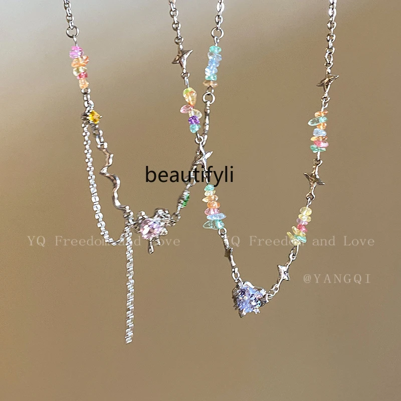 

Dopamine Color Heart-Shaped Zircon Four Eight-Pointed Stars Titanium Steel Necklace Women's High-Grade Clavicle Chain Necklace