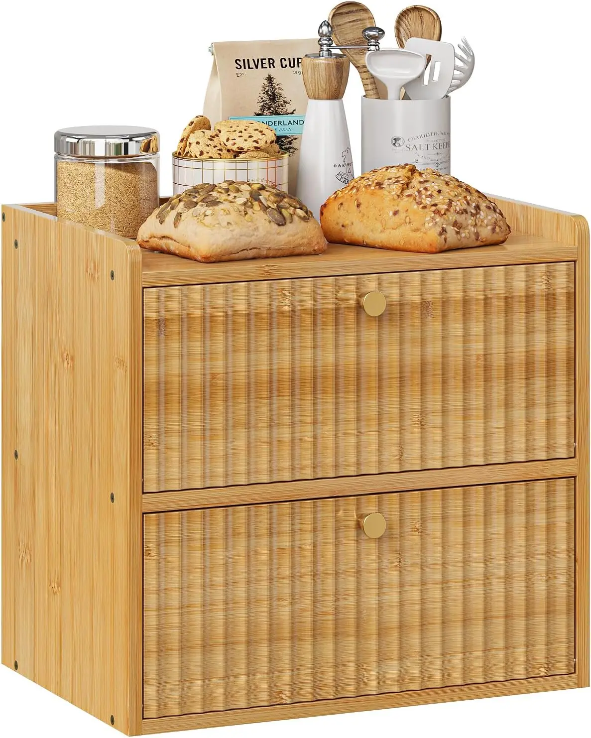 Double Layer Bamboo Bread Box with Magnetic Door, Large Capacity Kitchen Storage Organizer for Fresh Food