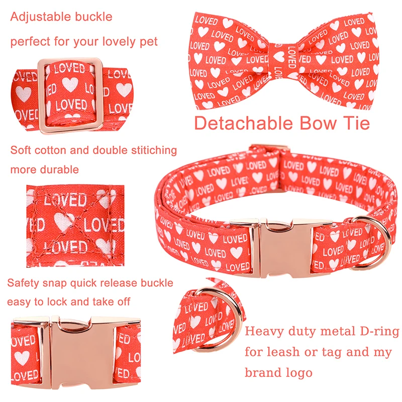 Red Valentine Dog Collar with Bow Unique Style Paws Love Dog Collar Flower Puppy Collar Large Medium Small Dog