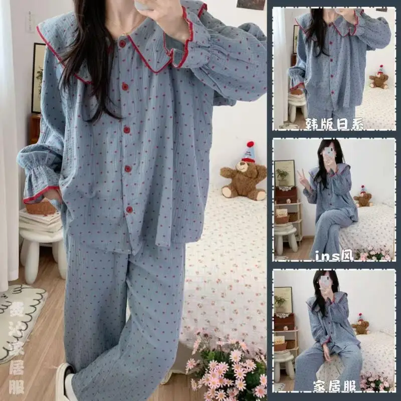 

Korean Version Spring Autumn Long Sleeves Trousers Pajamas Female Gentle Princess Doll Collar Woman Outside Lounge Clothes