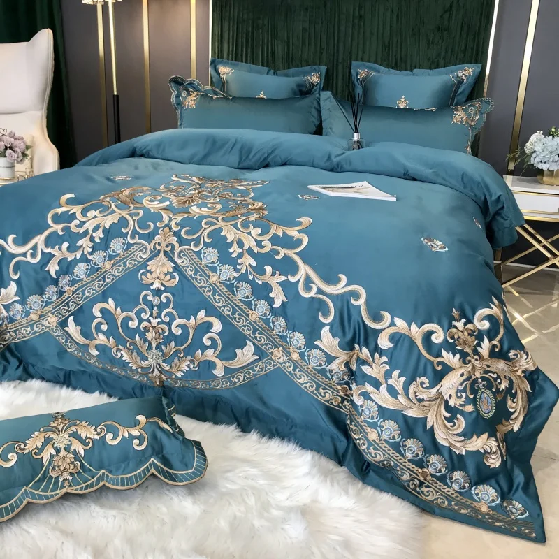 European Style Bedding Set Luxury Gold Royal Embroidery Blue Satin Double Duvet Cover Pure Cotton Bed Sheets Pillowcases Bed Set