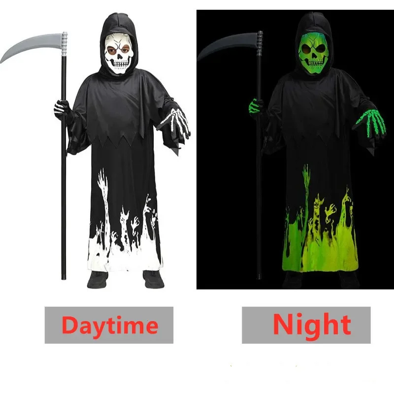 Dark Ghost Grim Reaper Skull Costume Kids Halloween Party Cosplay Costume Kids Glowing Skull Costume with Scythe