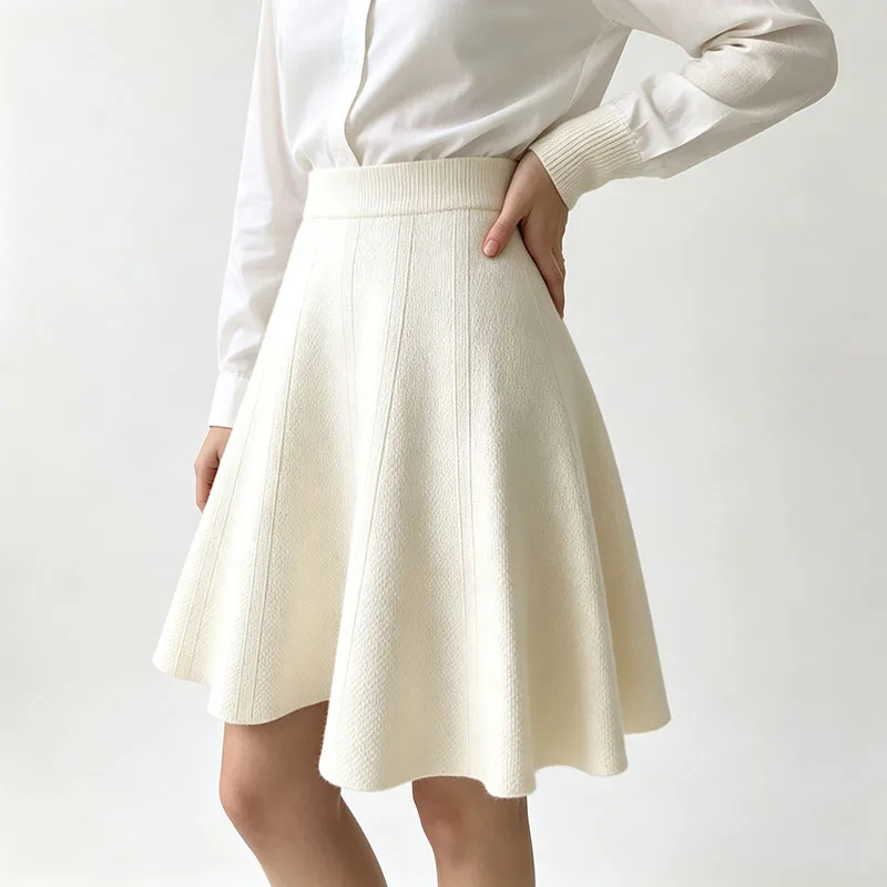 Women High Waist Knit Flared Skater Mini Skirt Soft A-Line Swing Short Skirt Fall Winter Casual Office Skirt