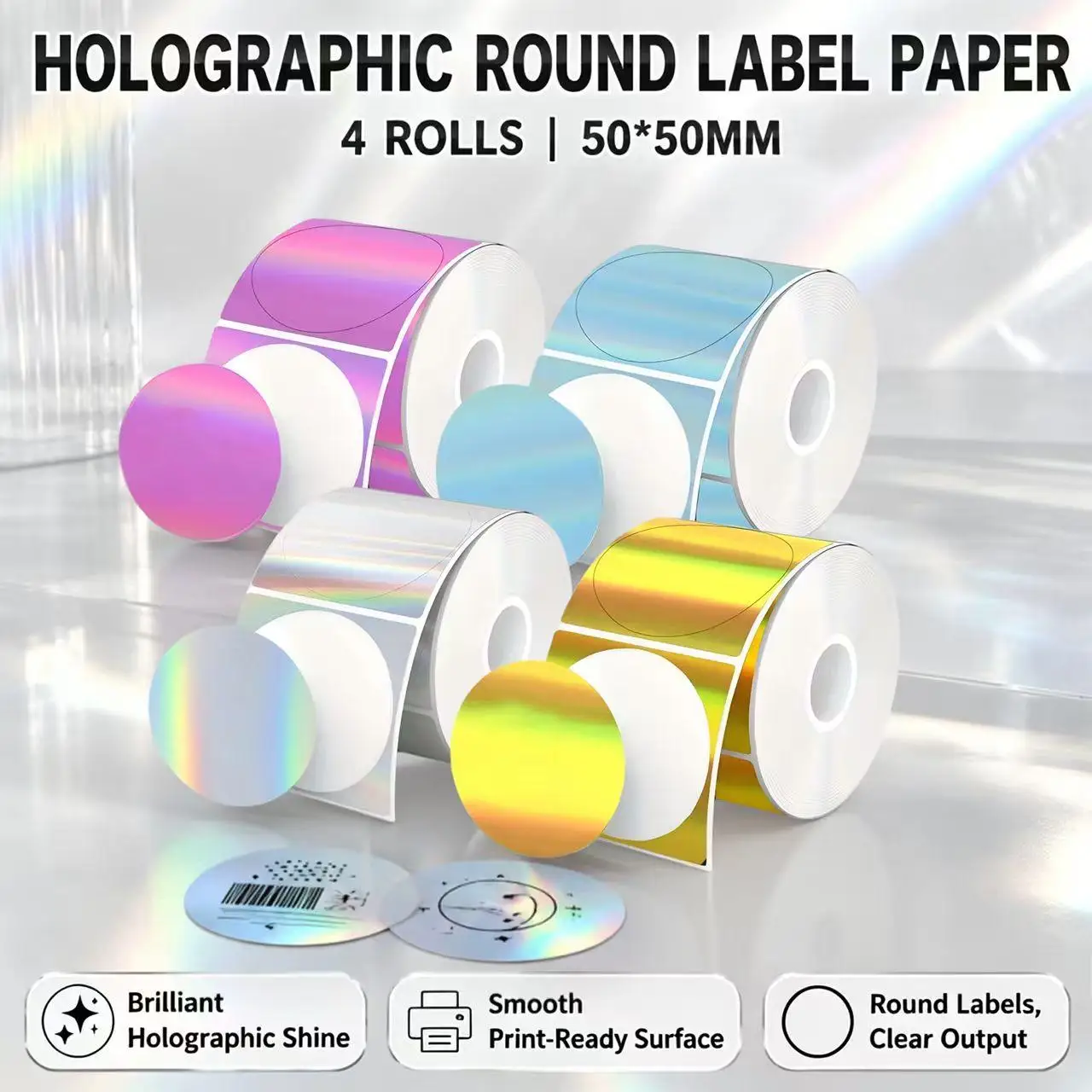 4 Rolls of Full-Color Laser Holographic Thermal Labels; 50×50mm Round, Printable Holographic Thermal Labels; Self-Adhesive Thermal Label stickers; Suitable for Signage, Office Use, and Logo Labels