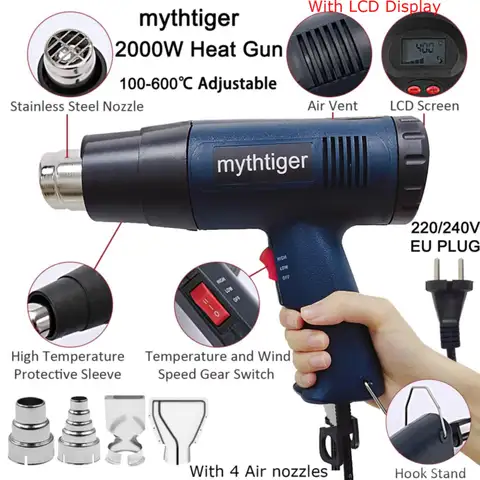 Mythtiger 산업용 헤어 드라이어 에어건, 용접 수축 포장용 에어랩 히트건, 열풍 열 디카퍼, 2000W