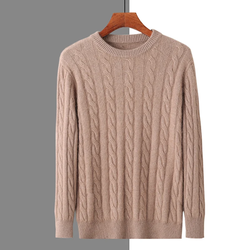 2023 autumn and winter new men's round neck twisted flowers thickened 100% mink cashmere sweater knitted solid color pullover