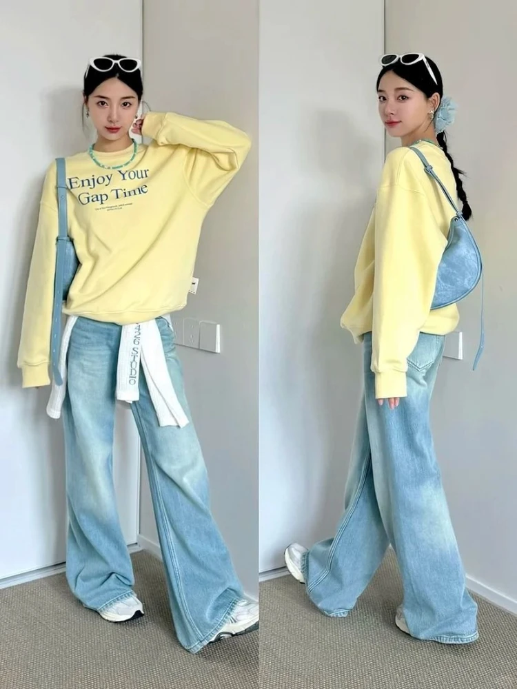 Deeptown Korean Style Letter Sweatshirt Women Sweet Vintage Butter Yellow Hoodies Casual Oversize Street Long Sleeve Pullover