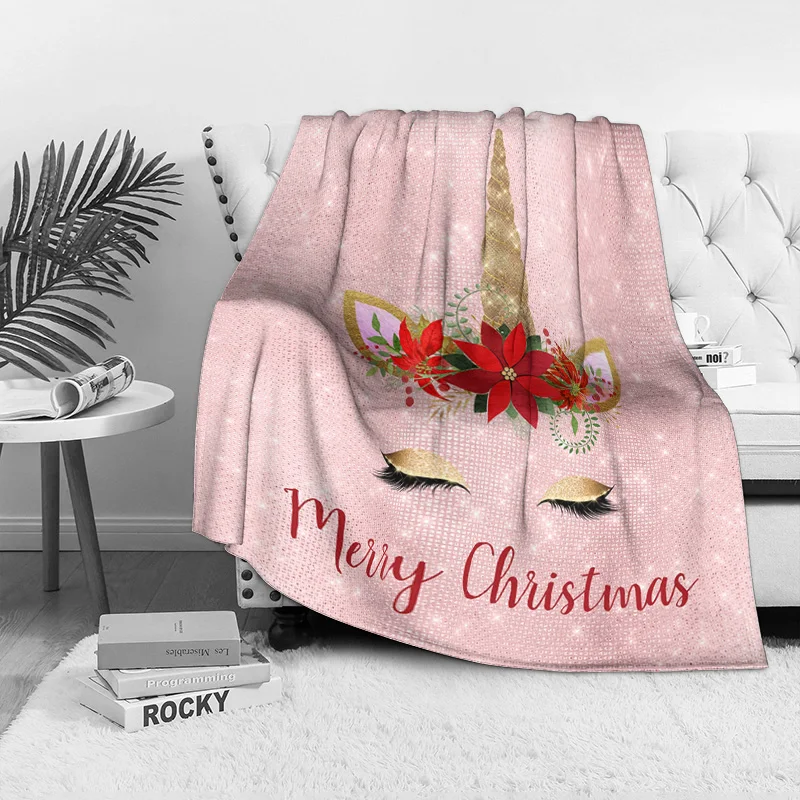 Unicorn Christmas Fleece Blanket, Pink with Gold Horn and Red Flowers, Magical Merry Christmas Design for Festive Decor