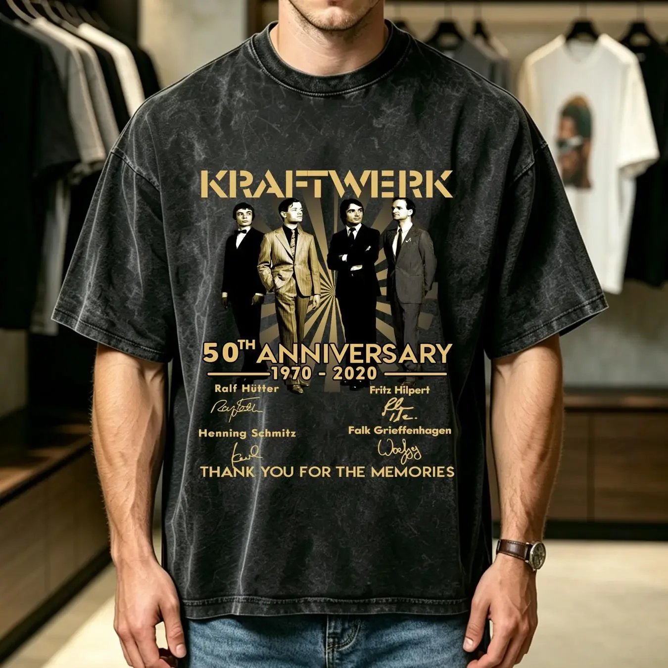 washed T Shirt 50th Anniversary Thank You Kraftwerk Classic Black S 4XL NE824 long sleeves vintage Washed Unisex fashion