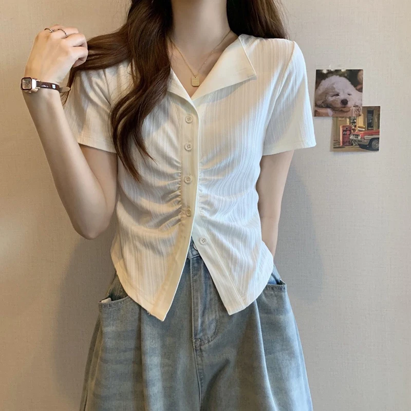 Ice Silk Folds T Shirt Women Korean Fashion Sweet Slim All Match Short Sleeve Top Summer Chic Harajuku Sexy Button V Neck Tees