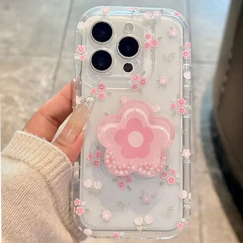 

Cute Quicksand Flower Holder Phone Case For iPhone 16 15 14 13 12 11 Pro Max Plus Stand Floral Clear Soft Shockproof Cover