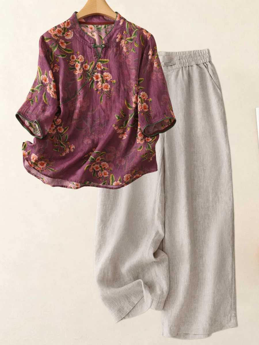Retro Chinese Style Printed Stand Collar Cotton Linen Women's Loose plus Size Casual Anti Aging Mom's Two Piece Set