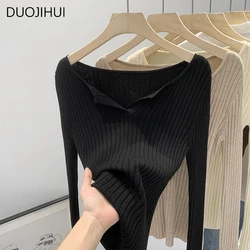 DUOJIHUI Korean New Chic V-neck Knitting Women Pullovers Autumn Fashion Striped Solid Color Simple Long Sleeve Female Pullovers