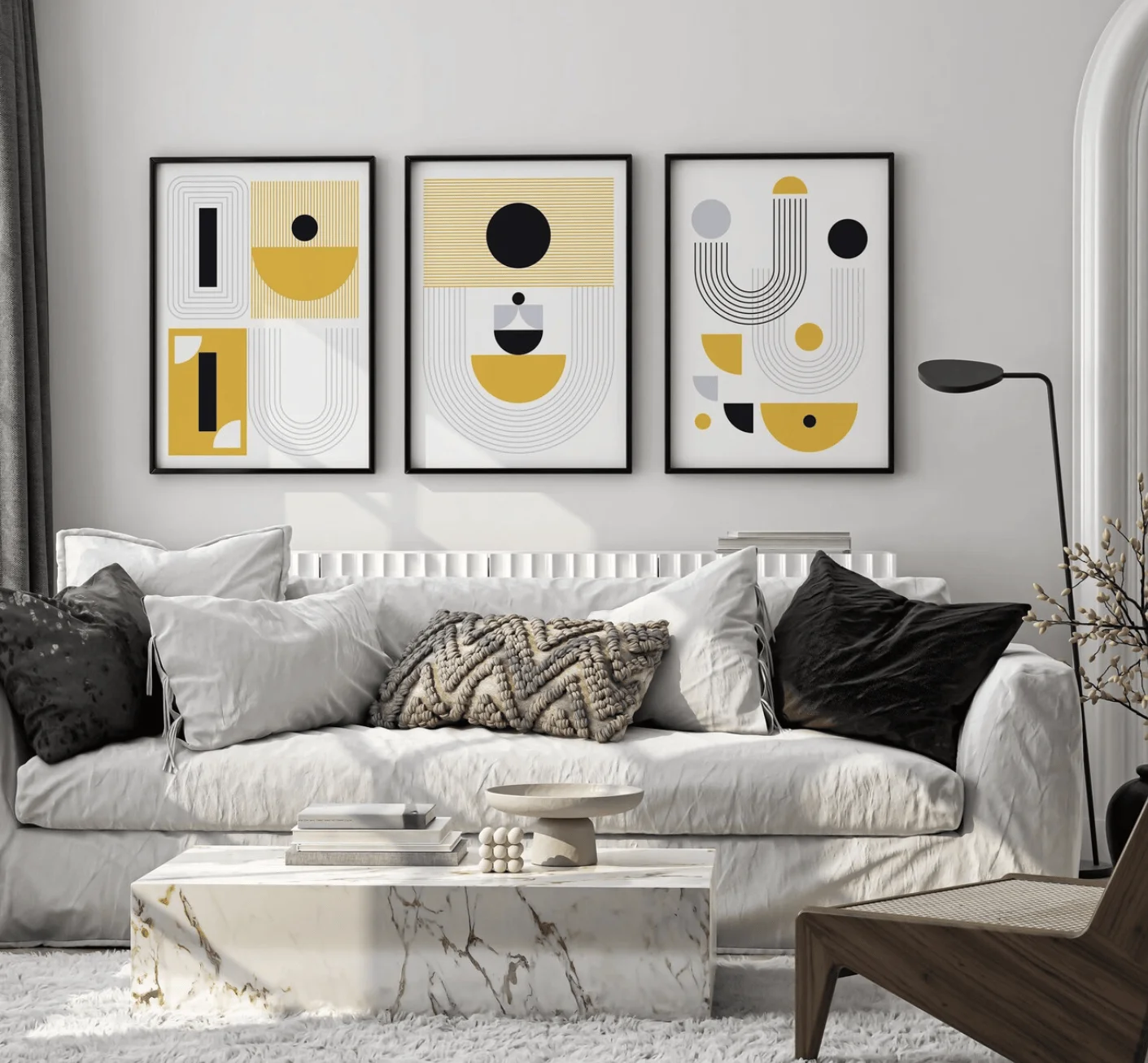 3Pcs Mid Century Geometric Canvas Prints, Yellow Black Abstract Posters, Nordic Minimalist Art for Living Room Bedroom Decor