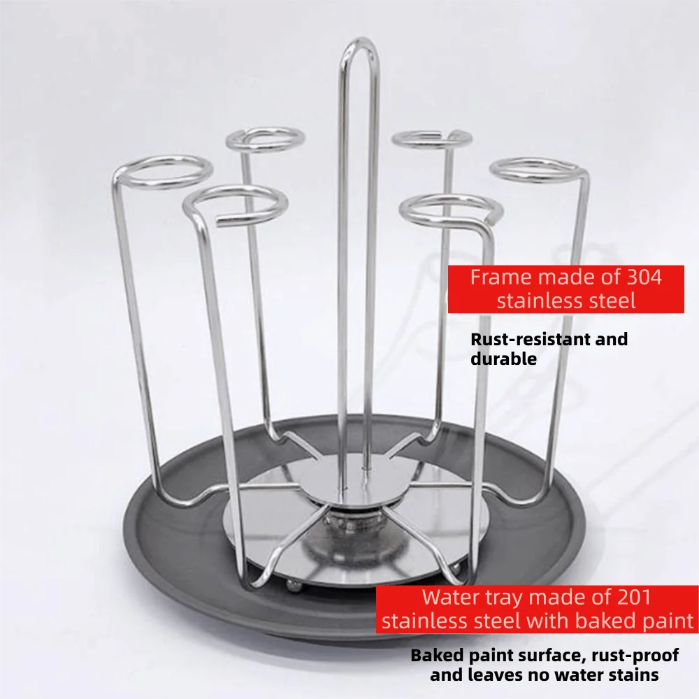 Stainless Steel Rotating Cup Holder Large Capacity Upside-Down Cup Drying Rack with Tray Saving Space Cup Organizer Kitchen