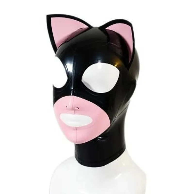 หน้ากากยางสีดำแบบมีฮู้ด พร้อมหูแมวสีชมพู ซิปหลัง ตาและปากเปิด สำหรับคอสเพลย์ ชุดคลับ  พร็อพแต่งกาย gh;0