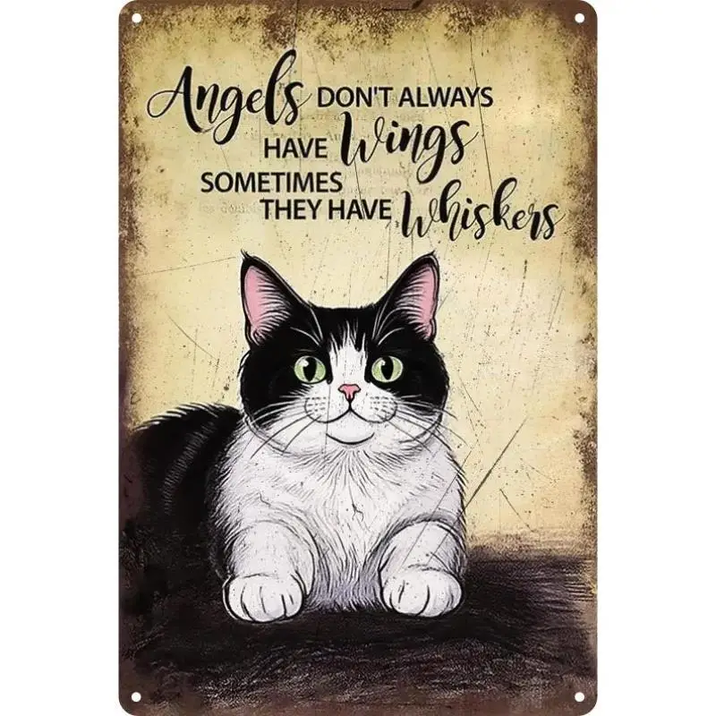 

【2D Flat】 [2D Flat] Cat-Themed Metal Sign Featuring Angels with Whiskers: a Retro Motivational Wall Decoration