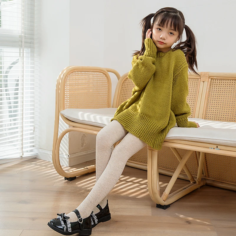 New Non-Slip Footed Tights for Girls New Vertical Stripe Brushed Tights with Grip Soles Light Fleece Lined Solid Color Pantyhose