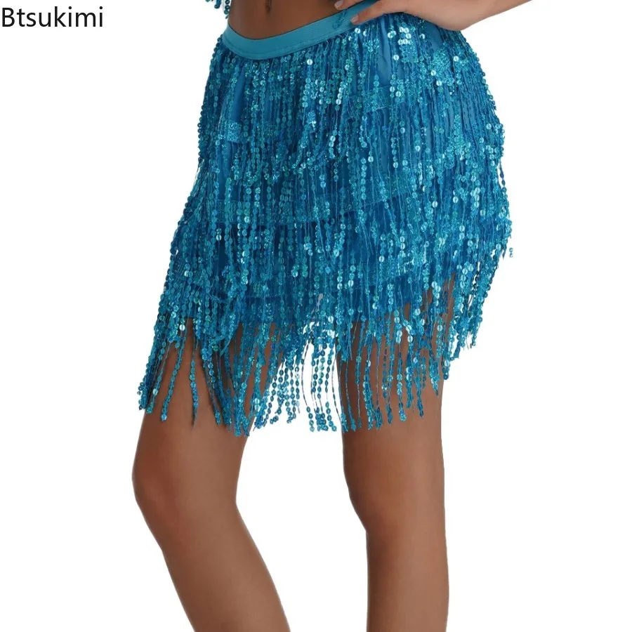 Seksowna spódnica warstwowa do tańca brzucha cekiny łańcuszek frędzle paski krótka spódniczka strój do ćwiczeń tańca latynoamerykańskiego hula kostium sceniczny
