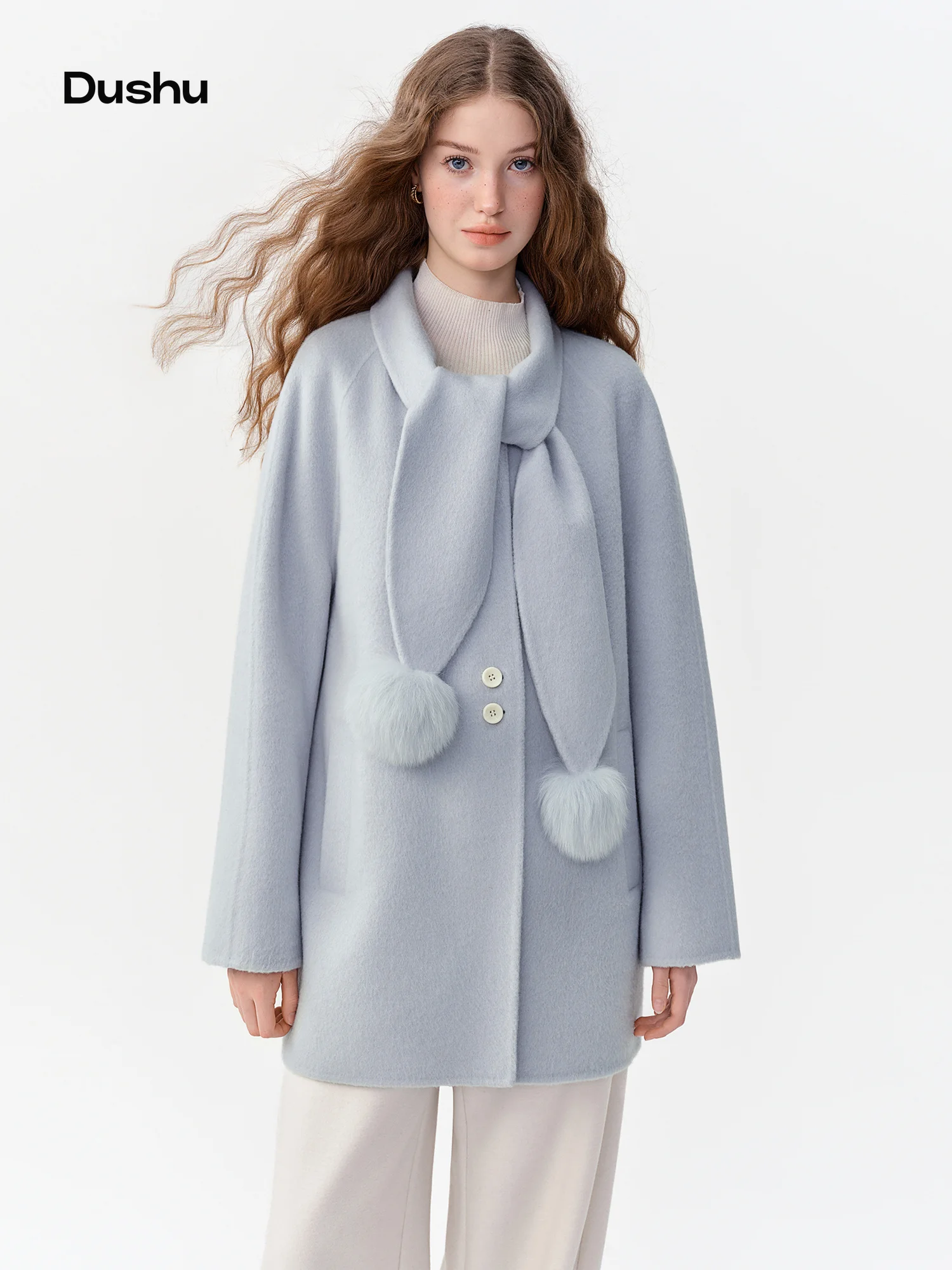 DUSHU Detachable Pom-pom Collar Elegant Short Wool Coat Women Loose Single-breasted Winter Jacket Sweet Age-reducing Girlish