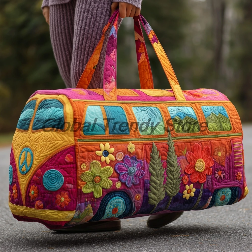 Men's Outdoor Quilted Duffle Bag Floral Peace Bus Print Travel Tote Handbag Women Casual Weekender Bag