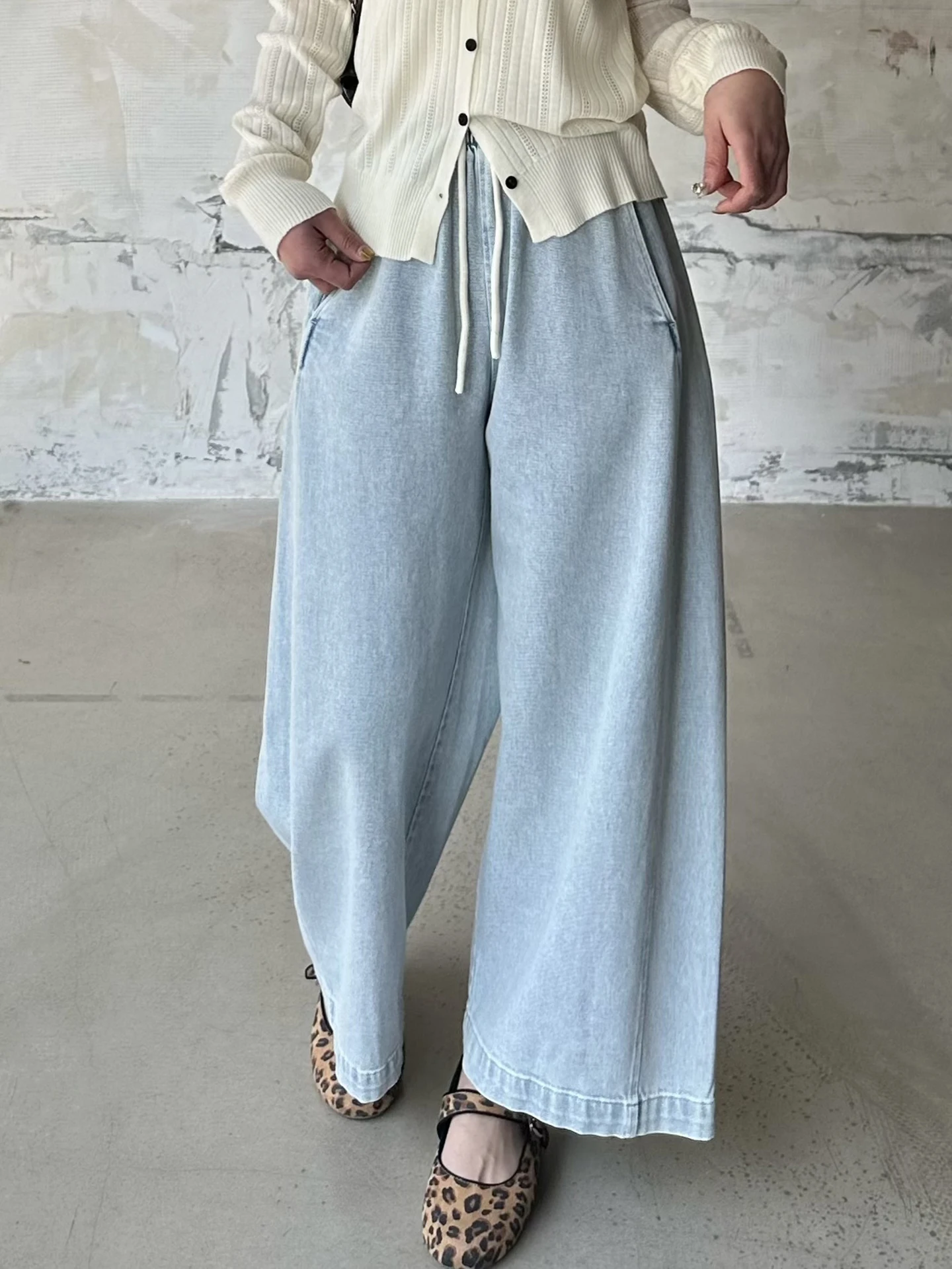 

Casual Drawstring Straight Leg Jeans Women's Slimming Elastic Waist Wide Leg Pants Nine Points Spring Summer Commute