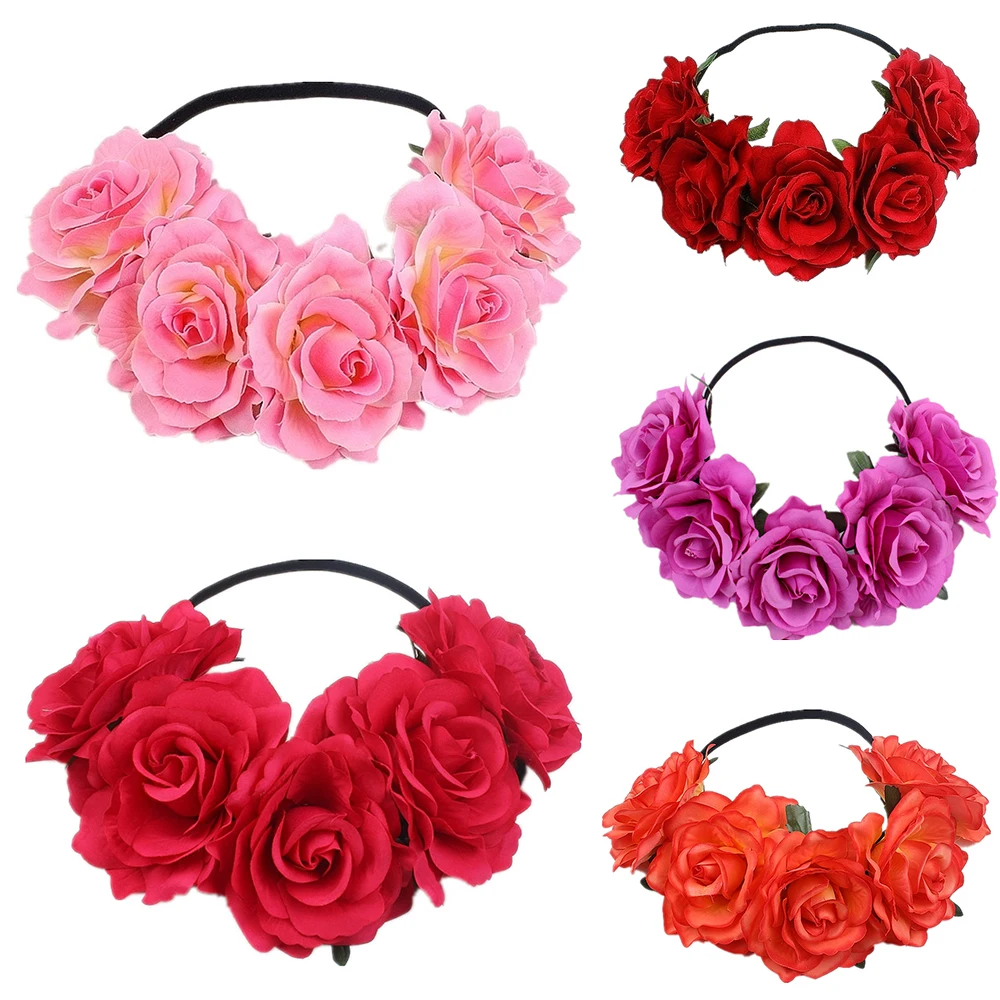 Bohemia Floral Headband Big Red Rose Flower Hairhead Accessories Women Girls Bridemaids Wreath Party Hair Ornaments Floral Beach