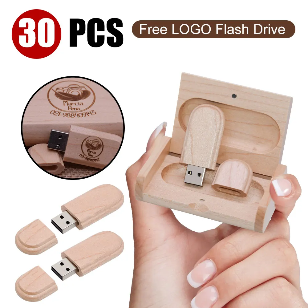 USB 2.0 사용자 정의 로고 나무 상자 USB 플래시 드라이브 메이플 우드 펜드라이브, U 디스크 메모리 스틱, 무료 배송, 4GB, 16GB, 32GB, 64G, 30 개