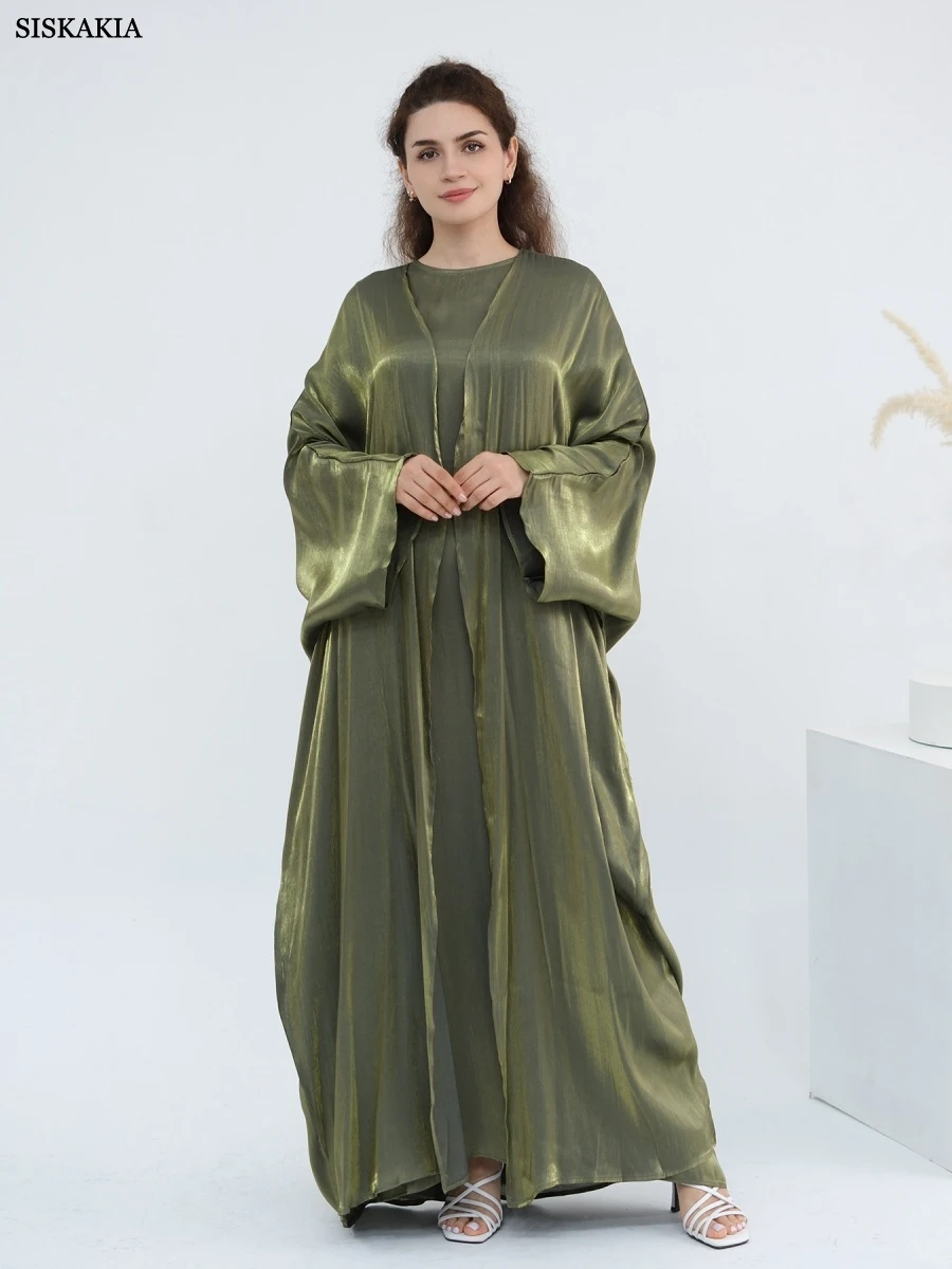 

Siskakia Dubai Elegant Two-piece set Abaya Belt included Muslim Solid Dress Belted Kaftan 2025