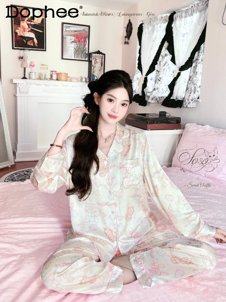 

Japanese Style Girl Ice Silk Cartoon Bear Long Sleeve Women's Homewear Sweet Cute Doll Feel Skin-Friendly Pajamas