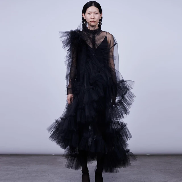 See Through Black Midi Length Ruffled Party Dress Szykowna asymetryczna sukienka do kostek z podszewką Długa dwuczęściowa suknia wieczorowa