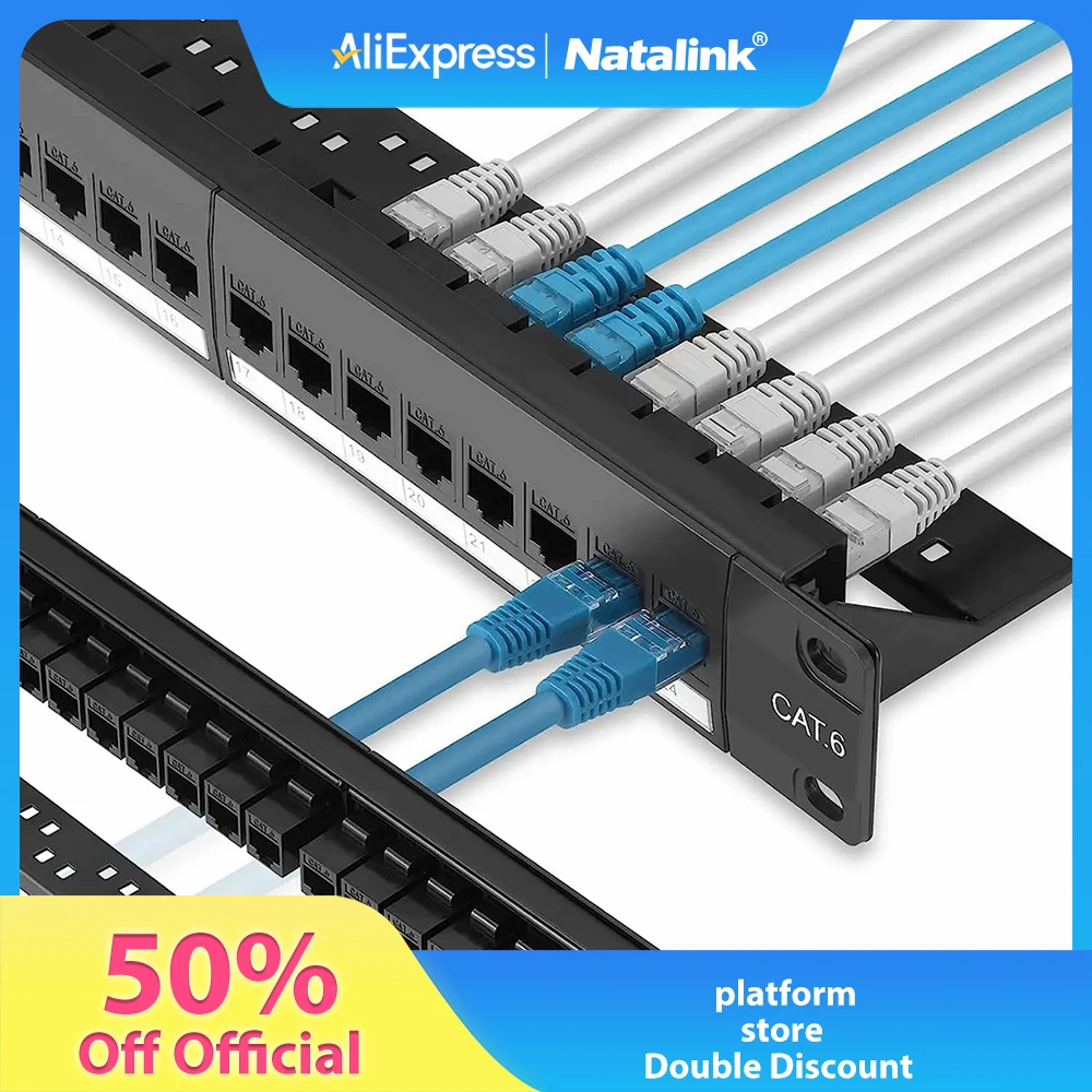 

Natalink 24 Port Patch Panel Cat6 Cat6a Cat7 with Inline Keystone 10G, RJ45 Coupler Patch Panel 19-Inch with Removable Back Bar