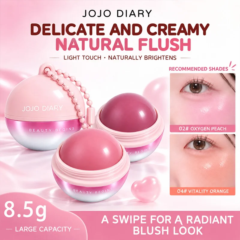 JOJO DIARY Cream Blush Balm 8.5g Natural Dewy Cheek Tint Long Lasting Moisturizing Face Blush Makeup Portable Ball Blusher Gift