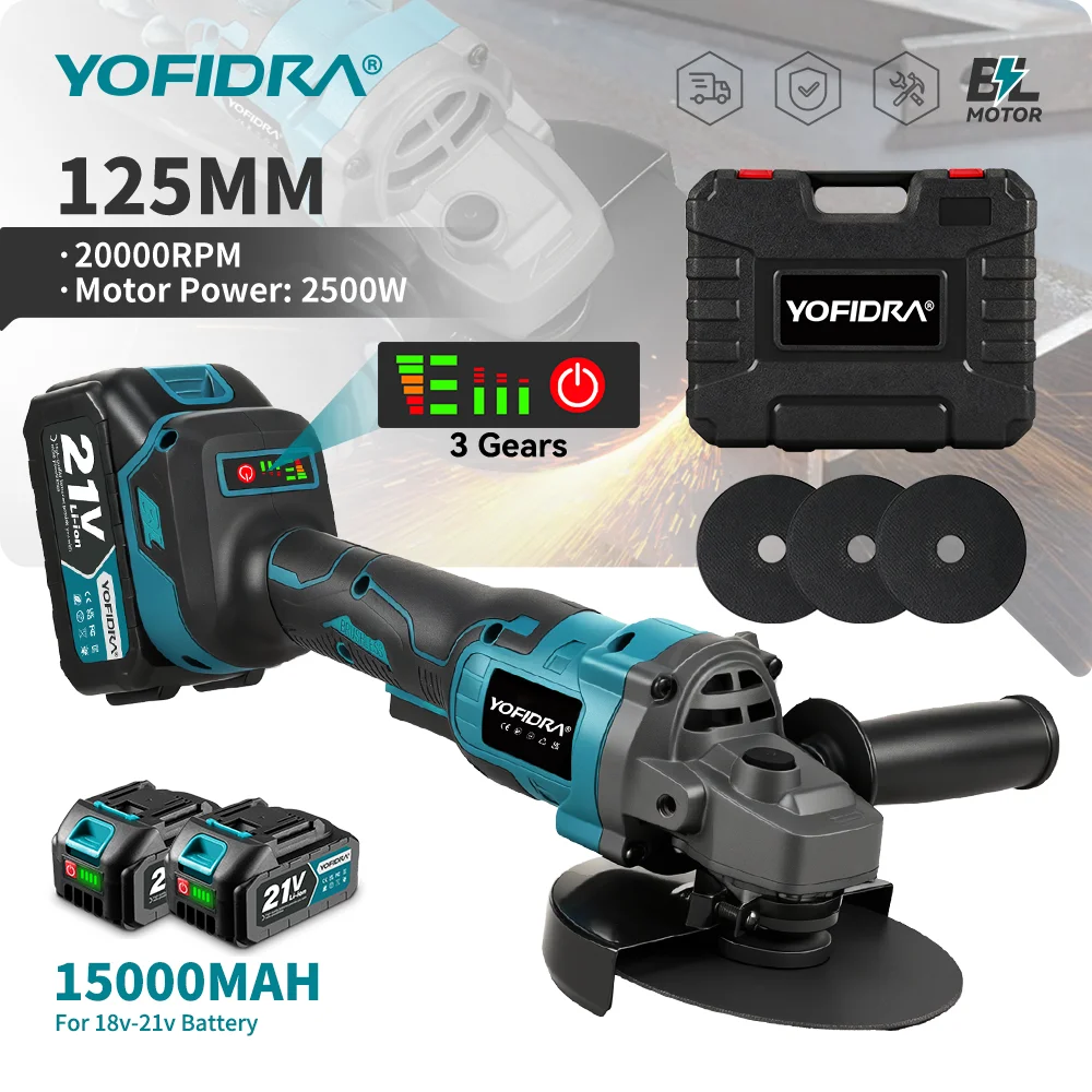 Smerigliatrice angolare senza fili YOFIDRA 125mm, 3 velocità, per metallo, legno, levigatura, lucidatura e taglio, compatibile con batteria Makita 21V.