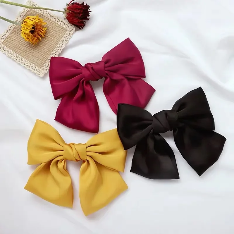 Fashion Solid Color Satin Ribbon Hairgrips Big Large Bow Hairpin For Women Girls Trendy Hair Clip Cute Barrette Hair Accessories